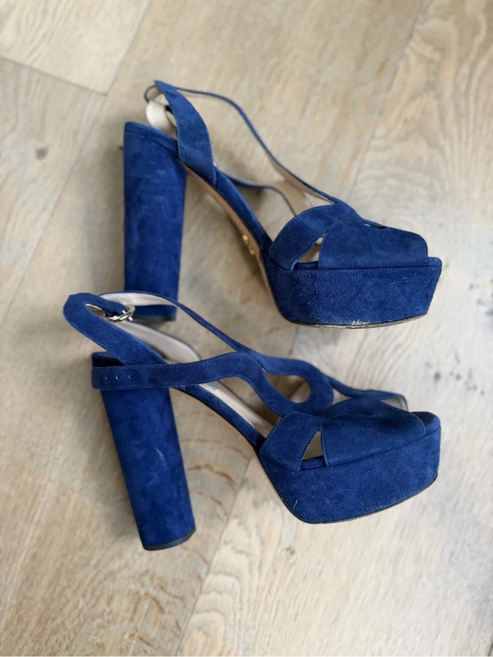 PRADA Platform Suede Block Heel Sandals - Navy